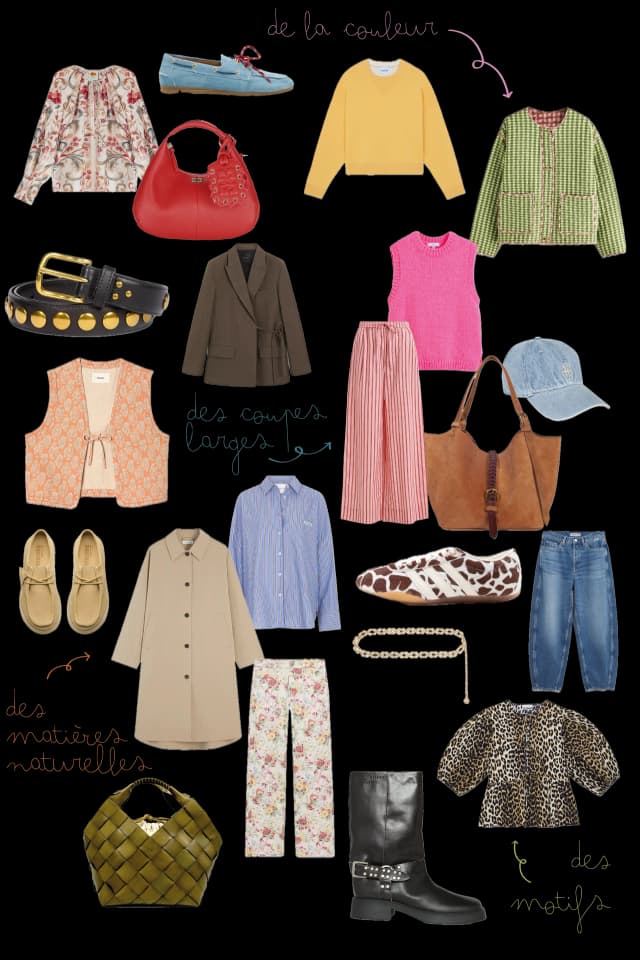 Moodboard femme : de la couleur, des coupes larges, des matières naturelles, des motifs